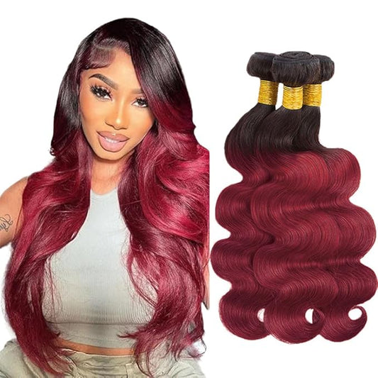 28 30 32 Inch Ombre Bundles Human Hair Burgundy Body Wave Bundles Niegmeag Peruvian Unprocessed Virgin Remy Hair Extensions Double Weft Hair Weave