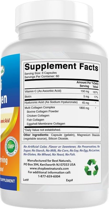 Best Naturals Multi Collagen Pills 2000mg for Women & Men - Hydrolyzed Collagen Peptides Capsules for Hair Skin and Nails with Types I II III V X, Biotin, Hyaluronic Acid & Vitamin C