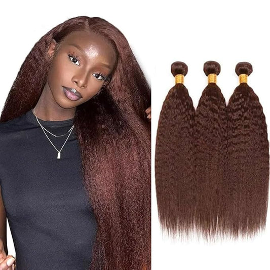 Brown Yaki Straight Human Hair Bundles Chocolate Brown Kinky Straight Bundles Hair Extensions 24 26 28 Inch Grade 8A Brazilian Virgin Remy Hair 3 Bundles Double Weft Real Color 4 Hair Weave