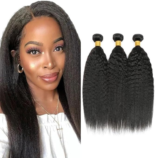 #1B Human Hair Bundles Yaki Straight Bundles 24 24 24 Inch Unprocessed Brazilian Virgin Hair Weave 3 Bundles 50 Grams Per Bundle Natural Color Bundle Human Hair Extensions