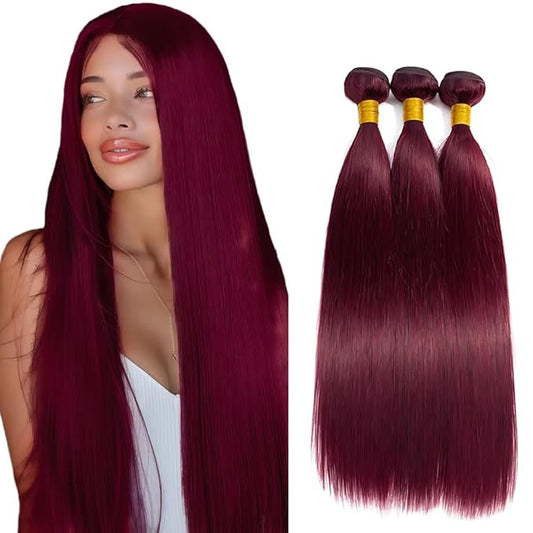 Color 99j Burgundy Bundles Human Hair Wine Red Straight Bundles 14 16 18 Inch Double Weft Unprocessed Brazilian Virgin Hair Extensions Soft and Silky for Women