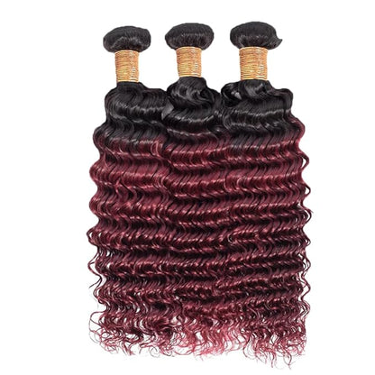 1B99j Ombre Deep Wave Bundles Two Tone Black and Burgundy Deep Wave Bundles Brazilian Human Hair Weave Soft and Silky for Women 14 16 18 Inch