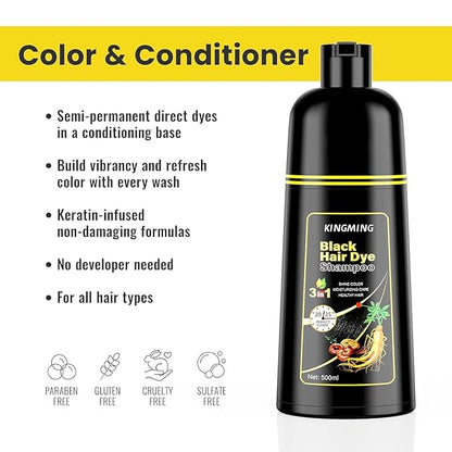 KINGMING Black Hair Dye Shampoo 3 in 1 for Gray Hair, Hair Color Shampoo for Women Men Grey Hair Coverage, Herbal Ingredients Champu Con Tinte Para Canas 500ml (Black).