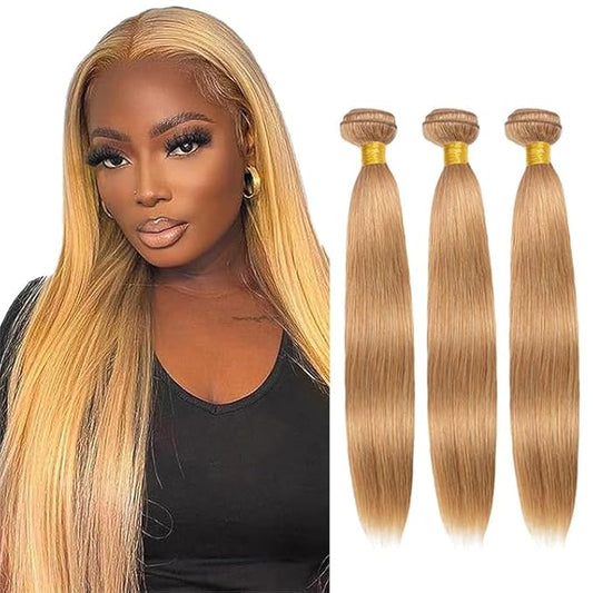 #27 Blonde Bundles Human Hair Straight Bundles 26 28 30 Inch Unprocessed Brazilian Virgin Hair Weave 3 Bundle Honey Blonde Human Hair Extensions 50 Grams Per Bundle
