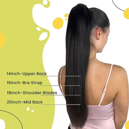 RUNATURE Human Hair Ponytail Wrap Around Ponytail Extension Human Hair with Magic Paste Long Real Ponytail Hair Extensions 20 Inch 80g #2P8A Dark Brown Highlight Light Brown