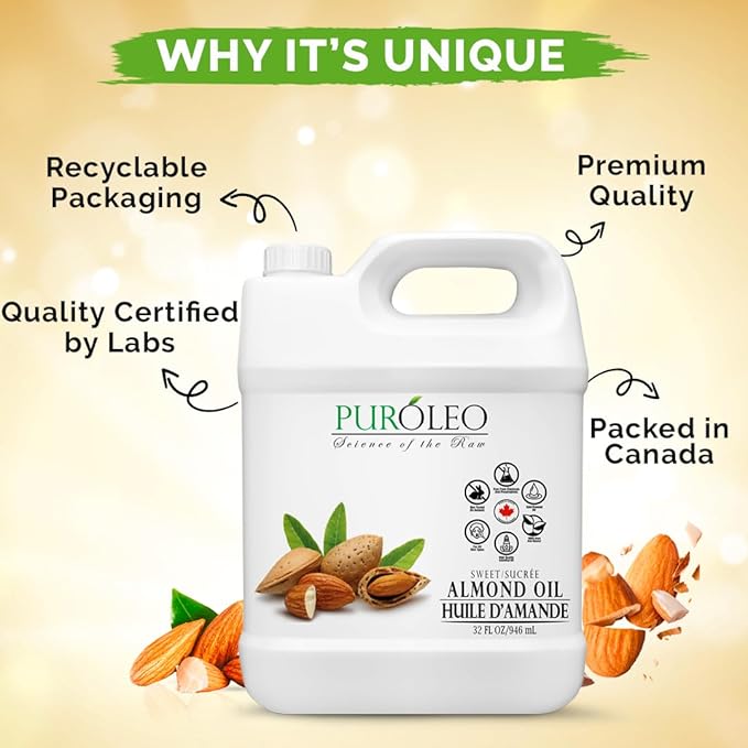 PUROLEO Sweet Almond Oil 32 Fl Oz/946 ML 100% Natural and Pure | Moisturizer & Carrier Oil | Beauty & DIY Blends, Massage Oil, Body Oil, Hair Oil and Baby Oil | Made from Almonds raw