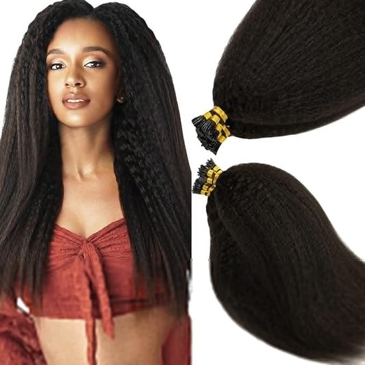 Anrosa I Tip Hair Extensions Human Hair Kinky Straight Pre Bonded Itip Real Human Hair Black Invisible Curly Natural Black Kinky Itip Human Hair Extensions For Black Women 18 Inch 50g