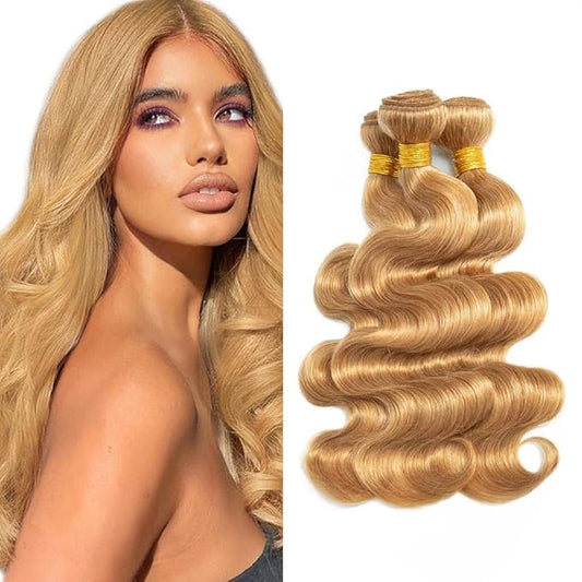 #27 Blonde Bundles Body Wave Human Hair Bundles 30 32 34 Inch Unprocessed Brazilian Virgin Hair Weave 3 Bundles Honey Blonde Human Hair Extensions For Woman 50 Grams Per Bundle