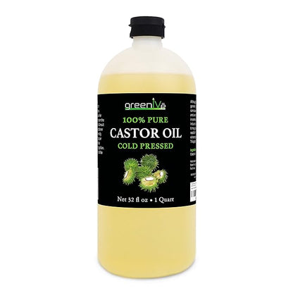 GreenIVe Castor Oil Organically Grown 100% Pure 32oz Bottle Cold Pressed, Hexane Free, Eyelash and Eyebrow Growth Serum, Skin Moisturizer Detox and Wraps