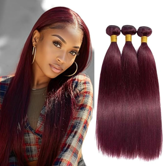 Color 99j Straight Bundles Wine Red Straight Bundles Double Weft Weave Extensions Brazilian Soft and Silky for Black Women 24 26 28 Inch
