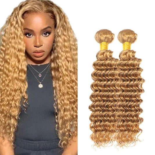 #27 Honey Blonde Bundles Deep Wave Human Hair Bundles 18 20 Inch Unprocessed Brazilian Virgin Hair Weave 2 Bundles Blonde Deep Wave Human Hair Extensions