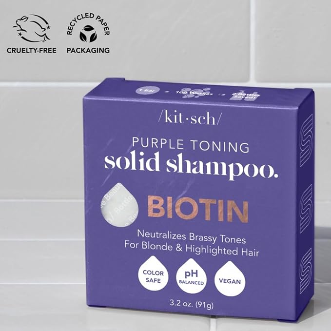 Kitsch Toning Purple Shampoo For Blondes & Color Treated Hair - Shampoo Bar For Women and Men - Biotin Shampoo for Strengthening & Neutralizing Brassy Tones - Vegan, Silicone & Sulfate Free - 3.2 oz
