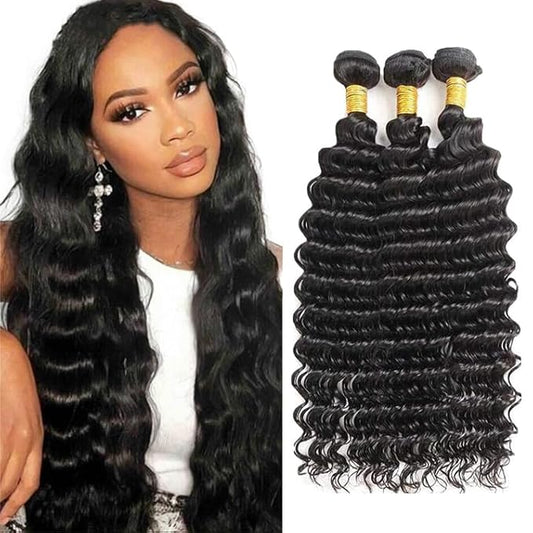 Natural Black Deep Wave Human Hair Bundles - Brazilian Grade 8A Virgin Hair 3 Bundles 26 28 30 Inch #1B Color