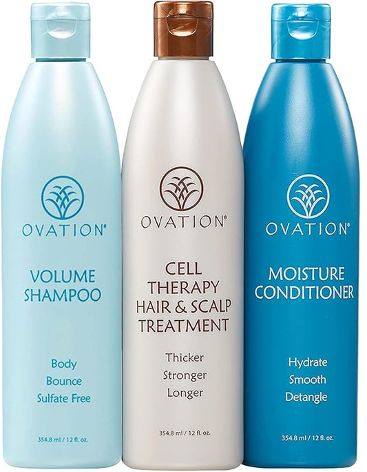 Ovation Hair 3-Step Bundle for Fine, Dry Hair - with Volume Shampoo, Cell Therapy Hair Growth & Healthy Scalp Treatment, Moisture Conditioner - Add Volume, Fullness, Hydration, Balance & Shine
