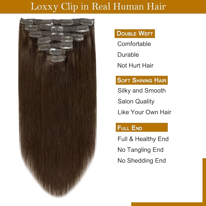 Loxxy 20Inch Clip in Hair Extensions Real Human Hair 140g 7pcs Light Dark Brown Seamless Silky Straight Clip in Hair Extensions Brazilian Remy Human Hair Extensions For Women