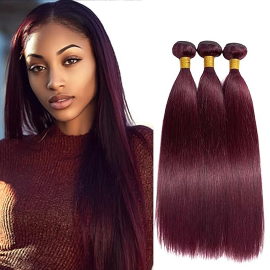Color 99j Straight Bundles Burgundy Straight Bundles Weave Extensions Double Weft Brazilian Soft and Silky for Black Women 18 20 22 Inch