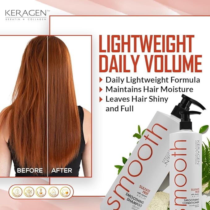Keragen - Smoothing Shampoo and Conditioner with Keratin and Collagen for All Hair Types, Sulfate Free, 32 Oz - Moisturizes, Strengthens, Protects Color and Repair - Panthenol