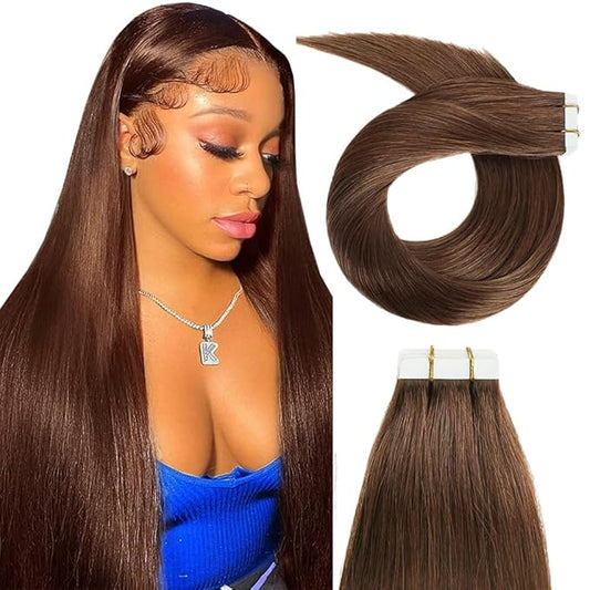 26 Inch Tape In Hair Extensions Color #4 Straight Hair Extensions HuxoWax Double Weft Invisible Brown VirgIn Soft And Silky Remy Hair