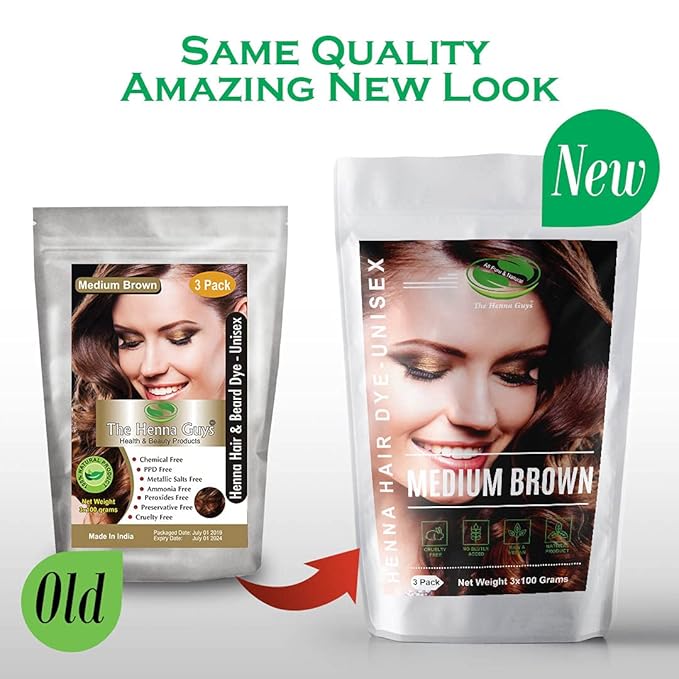 Henna Hair & Beard Dye - 100% Natural & Chemical Free - The Henna Guys (3 Pack, Medium Brown)