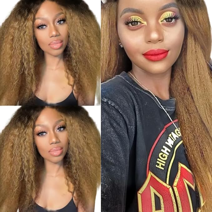 Ombre Human Hair Bundles 1B27 Kinky Straight Bundles 26 28 30 Inch Double Weft 2 Tone Black and Blonde Bundle Grade 8A Peruvian Virgin Remy Hair Extensions 100g/Pc