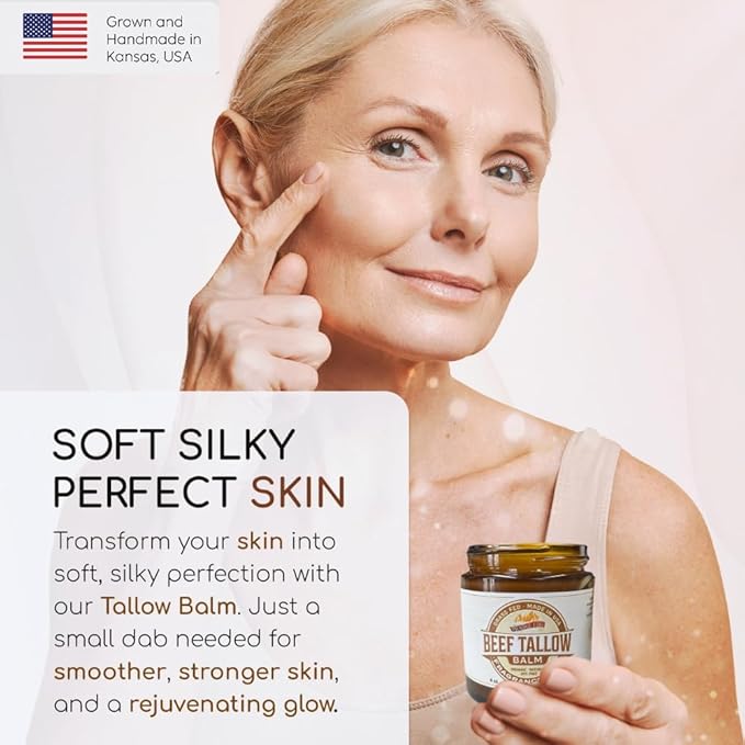 Beef Tallow Balm - 2 oz - Grown and Made in USA - Organic Grass Fed and Finished Tallow - Moisturizing Skin Care Tea Tree