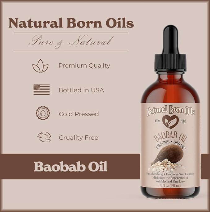 Natural Born Oils Baobab Oil, 16oz, Organic, Cold-Pressed, Nutrient-Dense, Deep Moisturizing for Skin, Hair Revitalizer