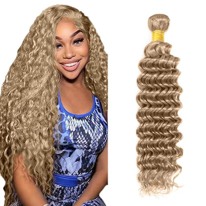 #22 Blonde Bundles Human Hair Deep Wave Bundles 16 Inch Human Hair Weave 1 Bundle Unprocessed Brazilian Virgin Hair Ash Blonde Deep Wave Human Hair Extensions 50 Grams/Bundle