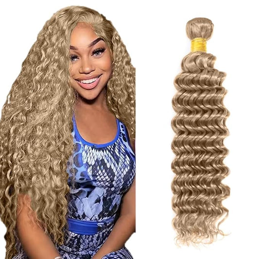#22 Blonde Bundles Human Hair Deep Wave Bundles 16 Inch Human Hair Weave 1 Bundle Unprocessed Brazilian Virgin Hair Ash Blonde Deep Wave Human Hair Extensions 50 Grams/Bundle