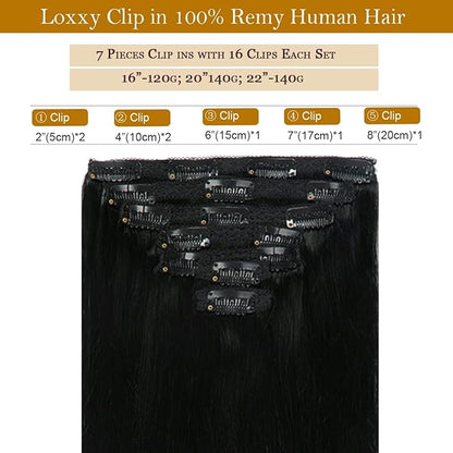Loxxy Clip in Hair Extensions New Version Thickened Double Weft Brazilian Human Hair Thick Silky Straight Clip in Human Hair Extensions 20 Inch Jet Black #1 140g 7 pcs 16 Clips
