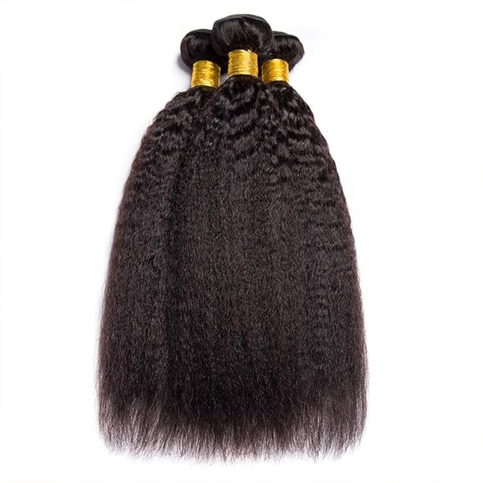 #1B Kinky Straight Bundles Human Hair Natural Color Yaki Straight Bundles Brazilian Human Hair Extensions Soft and Silky for Black Women 20 22 24 Inch