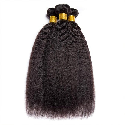 #1B Kinky Straight Bundles Human Hair Natural Color Yaki Straight Bundles Brazilian Human Hair Extensions Soft and Silky for Black Women 20 22 24 Inch