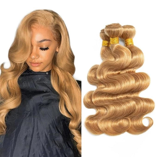 #27 Blonde Bundles Body Wave Human Hair Bundles 24 26 28 Inch Unprocessed Brazilian Virgin Hair Weave 3 Bundles Honey Blonde Human Hair Extensions For Woman 50 Grams Per Bundle