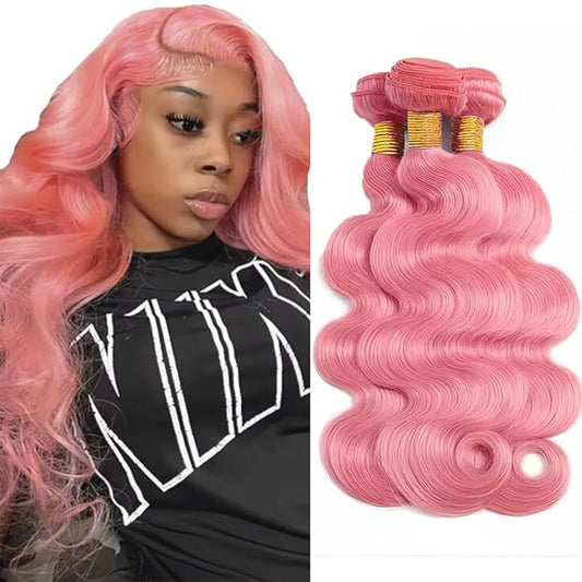 Pink Body Wave Bundles Human Hair Pink Bundles Niegmeag Brazilian Virgin Remy Hair Extensions 16 18 20 Inch Double Weft Real Hair Weave