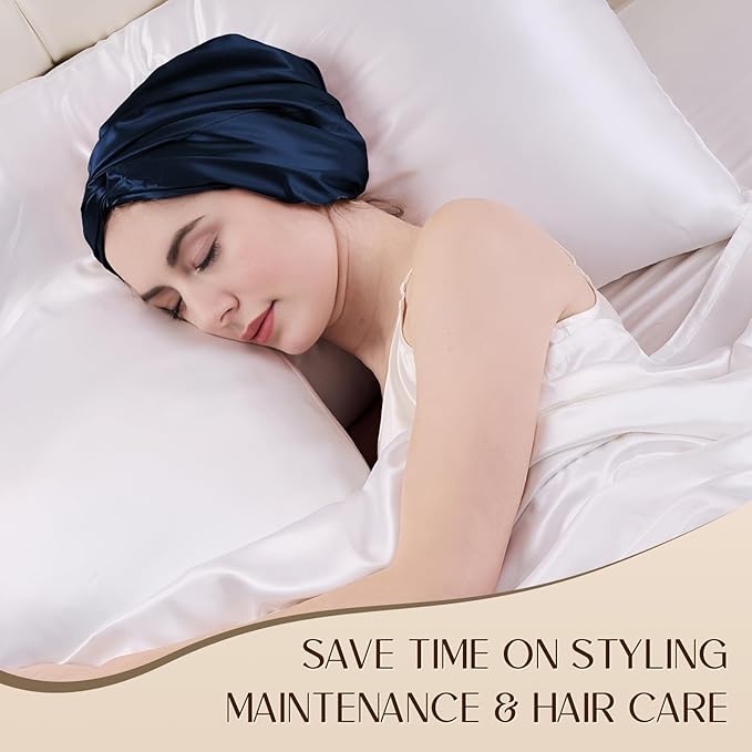 ZIMASILK 22 Momme Adjustable 100% Mulberry Silk Bonnet for Sleeping Women, Silk Hair Wrap for Hair Protection, That Reduces Falling off (1Pc, Navy Blue)