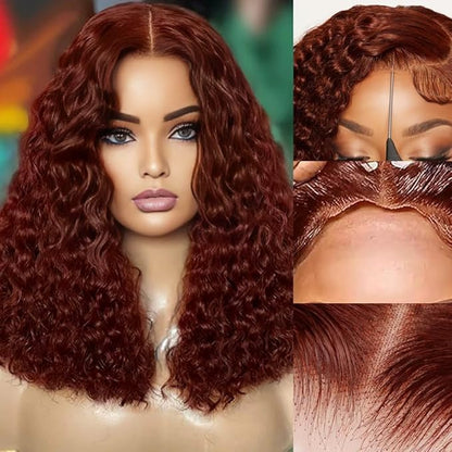 Reddish Brown glueless wigs human hair pre plucked pre cut Deep Wave 7x5 Wear And Go Closure Wigs Reddish Brown Lace Front Wigs Human Hair 180% Density Auburn Wig for Women 14 Inch