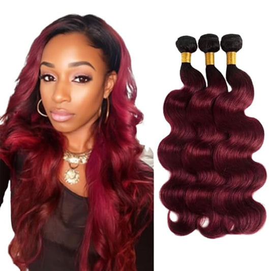 1B99J Body Wave Bundles Black Mixed With Burgundy Body Wave Bundles two tone Brazilian Hair Extensions Soft and Silky for Women 24 26 30 Inch