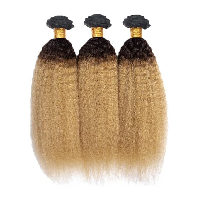 Ombre Human Hair Bundles 1B27 Kinky Straight Bundles 26 28 30 Inch Double Weft 2 Tone Black and Blonde Bundle Grade 8A Peruvian Virgin Remy Hair Extensions 100g/Pc