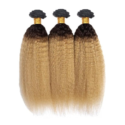 Ombre Human Hair Bundles 1B27 Kinky Straight Bundles 26 28 30 Inch Double Weft 2 Tone Black and Blonde Bundle Grade 8A Peruvian Virgin Remy Hair Extensions 100g/Pc