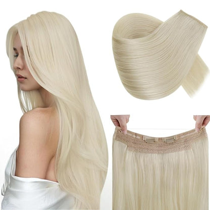 RUNATURE Wire Hair Extensions Blonde Human Hair Extensions with Transparent Fish Line, Real Human Hair, Clip in One Piece Extensions 18 Inch 80g #60 Platinum Blonde