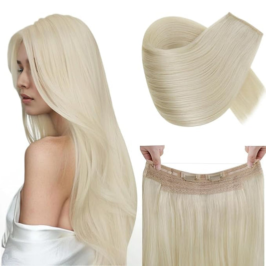RUNATURE Wire Hair Extensions Real Human Hair, Invisible Fish Line Hair Extensions, Platinum Blonde Natural Hair with Transparent Wire, Easy to Apply 14 Inch 70g #60