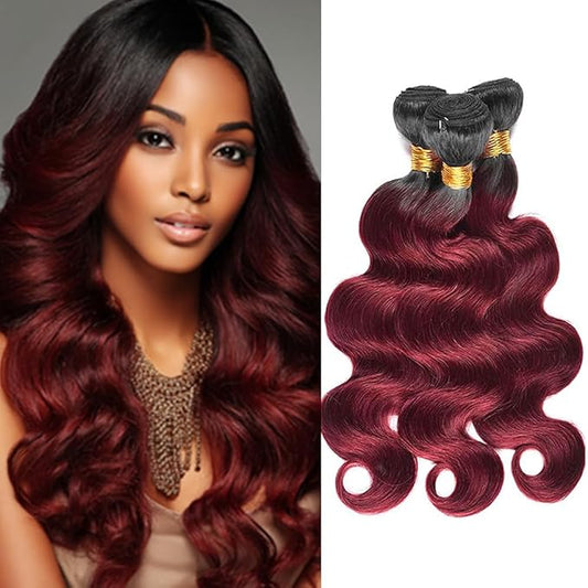 1B99J Body Wave Bundles Black Mixed With Burgundy Body Wave Bundles two tone Brazilian Hair Extensions Soft and Silky for Women 14 16 18 Inch