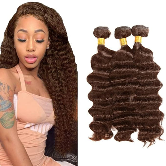 #4 Brown Bundles Human Hair Deep Wave Bundles 16 16 16 Inch Human Hair Weave 3 Bundle Unprocessed Brazilian Virgin Hair Chocolate Brown Deep Curly Human Hair Extensions 50 Grams/Bundle