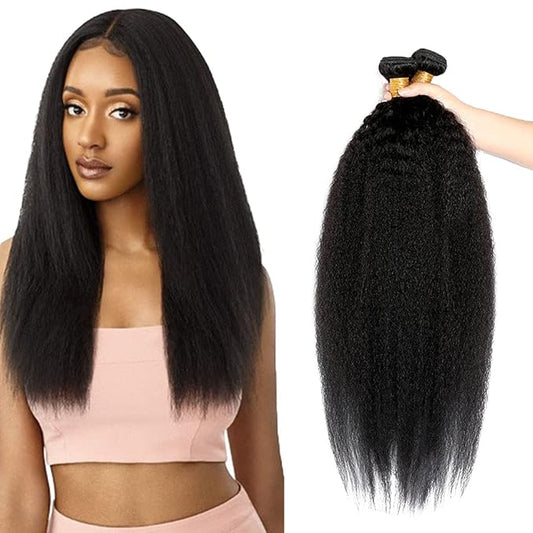 #1B Human Hair Bundles Yaki Straight Bundles 22 24 Inch 2 Bundles Unprocessed Brazilian Virgin Hair Weave 50 Grams Per Bundle kinky Straight Bundle Human Hair Extensions Natural Color
