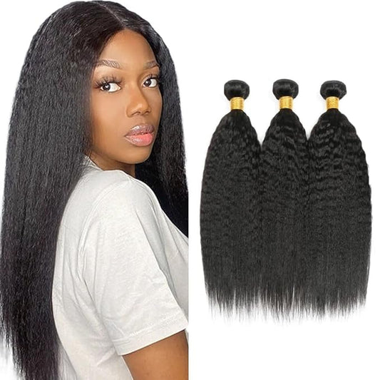 #1B Human Hair Bundles Yaki Straight Bundles 20 22 24 Inch Unprocessed Brazilian Virgin Hair Weave 3 Bundle Natural Color 50 Grams Per Bundle Kinky Straight Human Hair Extensions