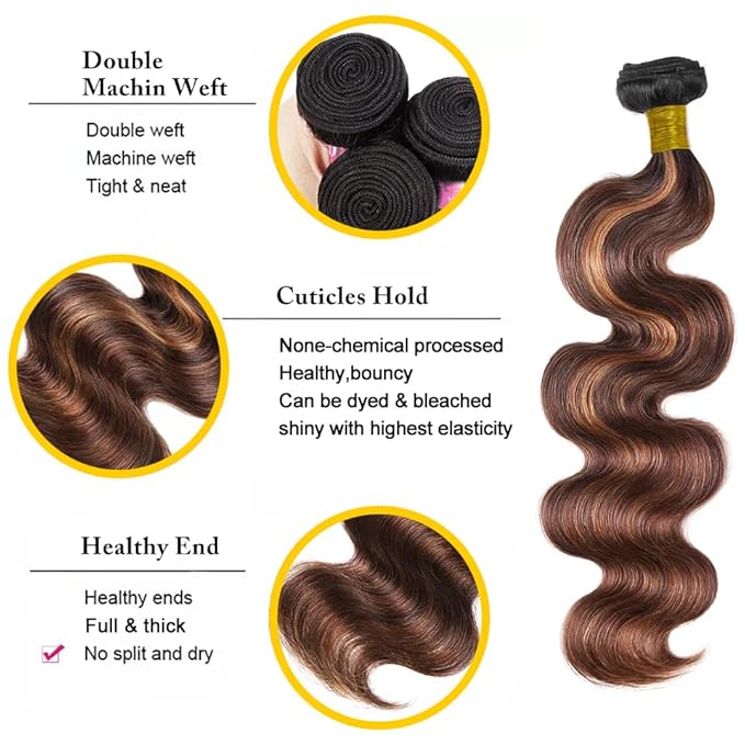 34 34 34 Inch Ombre Human Hair Bundles Body Wave Bundles Human Hair Highlight Bundles Brazilian Brown Highlight Bundles Hair Weave Silky Soft Remy Hair Extensions