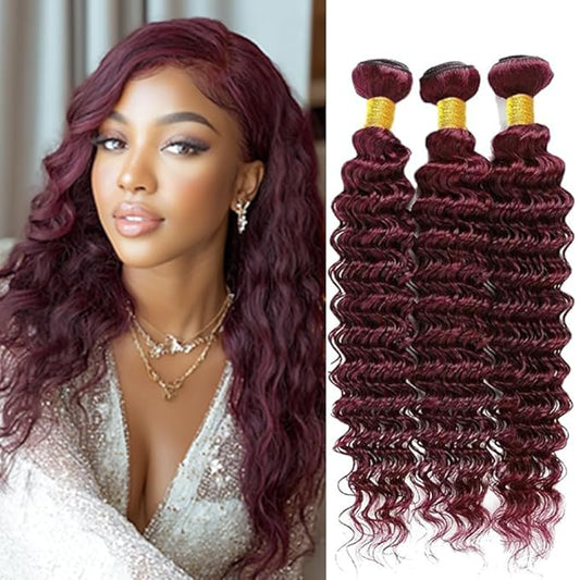 99j Human Hair Burgundy Deep Wave Bundles Red Deep Wave Bundles Brazilian Human Hair Extensions Weave Wet and Wavy Soft Silky for Black Woman 26 28 30 Inch
