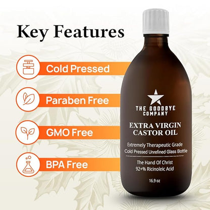 The Goodbye Company Organic Castor Oil – 100% Pure Extra Virgin, Cold-Pressed & Unrefined – Hexane-Free – Nourishing Oil for Healthy Skin, Hair Growth & Eyelashes (250mL)