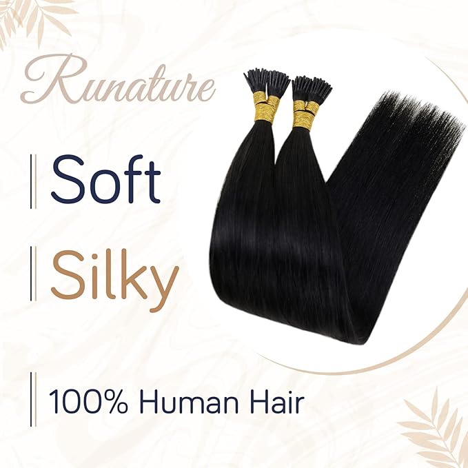 RUNATURE I Tip Hair Extensions Human Hair, Silky Long Hair Extensions I Tip Natural Looking Straight Remy Hair for Women 18inch 50G 60s #1 Jet Black