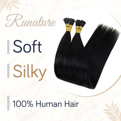RUNATURE I Tip Hair Extensions Human Hair, Silky Long Hair Extensions I Tip Natural Looking Straight Remy Hair for Women 18inch 50G 60s #1 Jet Black