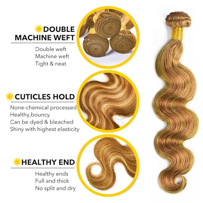 2730 Blonde Body Wave Bundles Human Hair Ombre Honey Blonde Bundles 14 16 18 Inch Unprocessed Brazilian Virgin Remy Hair Extensions Silky Soft 3 Highlight Bundles Hair Weave